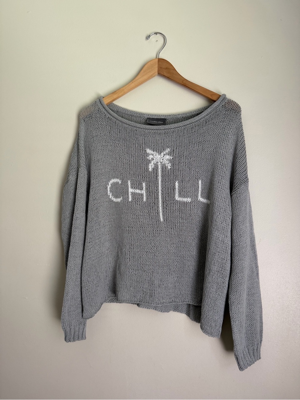 Wooden Ships Gray Off-the-Shoulder 'CHILL' Knit Sweater